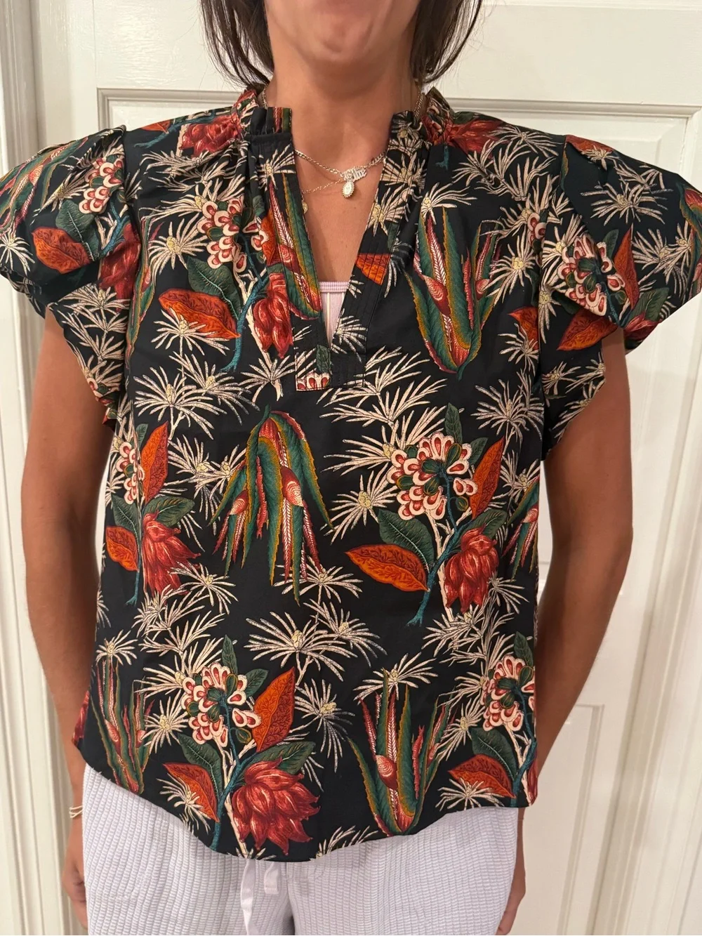 Ulla Johnson Black Floral Puff-Sleeve Top with Multicolor Tropical Print